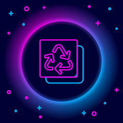 Glowing neon line Recycle symbol icon isolated on black background. Circular arrow icon. Environment recyclable go green. Colorful outline concept. Vector