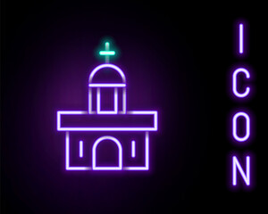 Glowing neon line Church building icon isolated on black background. Christian Church. Religion of church. Colorful outline concept. Vector