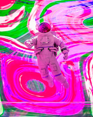 astronaut is floating in a psychedelic background