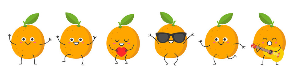 Set oranges cute character cartoon greeting jumping loves sings running funny fruit smiling face happy joy emotions icon vector illustration.
