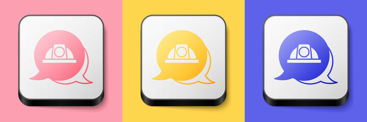Isometric Worker safety helmet icon isolated on pink, yellow and blue background. Square button. Vector