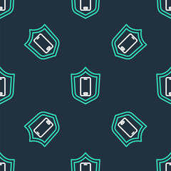 Line Smartphone, mobile phone with security shield icon isolated seamless pattern on black background. Security, safety, protection concept. Vector