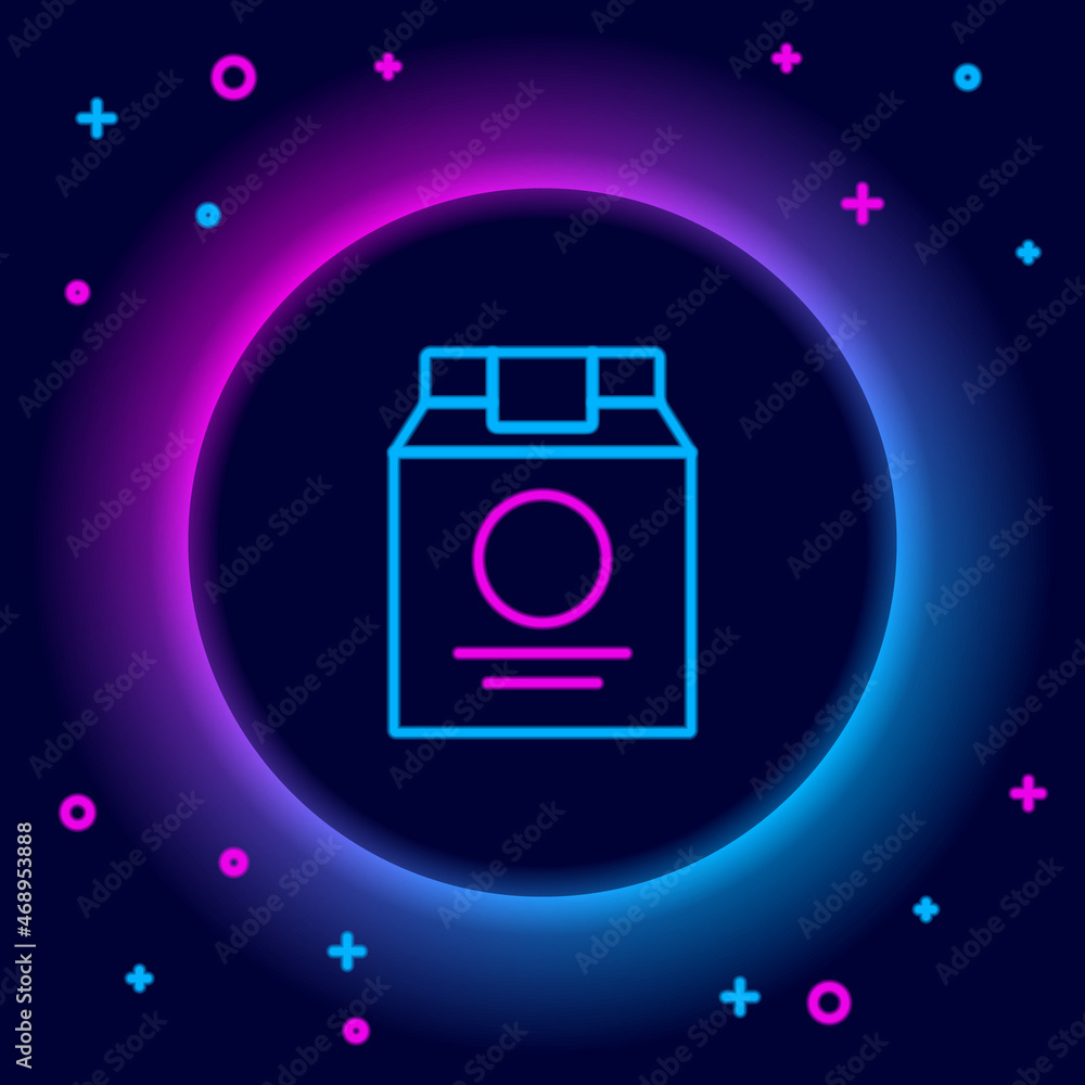 Sticker Glowing neon line Online ordering and fast food delivery icon isolated on black background. Colorful outline concept. Vector