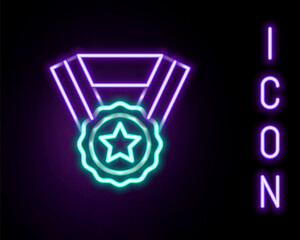 Glowing neon line Medal icon isolated on black background. Winner symbol. Colorful outline concept. Vector