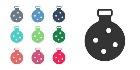 Black Bottle with potion icon isolated on white background. Flask with magic potion. Happy Halloween party. Set icons colorful. Vector