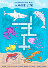 Crossword for children. Sea life. Development of children. Shark, octopus, squid, dolphin, fish, shrimp, jellyfish.