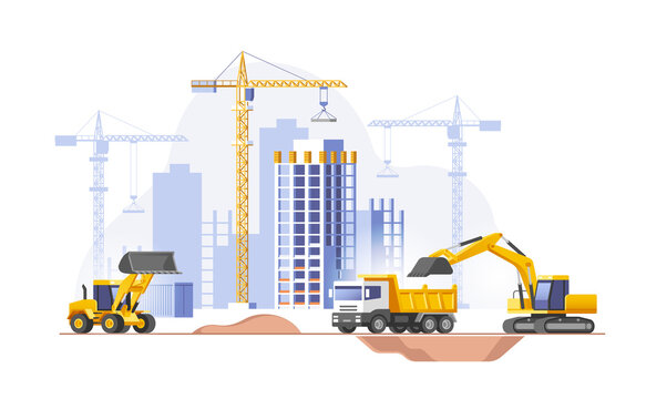 Construction site, building a house. Real estate business. Vector illustration.