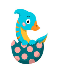 Egg with dinosaur. Birth of new life, time BC. Origin of planet, first living organisms. Animals, magic characters. Image for printing on childrens clothing. Cartoon flat vector illustration