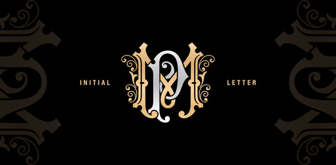 illustration of MP or PM monogram classic style, initial Wedding of luxury model and elegance applicable for invitation, letterpress, jewelry, tattoo, boutique and creative templates. - obrazy, fototapety, plakaty