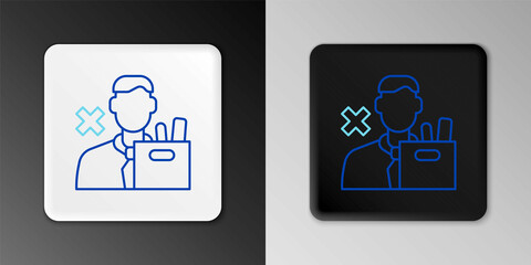 Line Dismissed sad young man carrying box with his personal belonging leaving his job icon isolated on grey background. Employee fired from work. Colorful outline concept. Vector