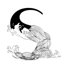 Alphabet element. Hand drawn font for typography, book covers, booklets, magazines, social media. Capital letter S with sea waves and foam in Japanese graphic art style.