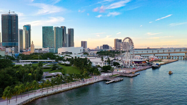 Miami Beach, USA - September 09, 2021: Panoramic aerial view of a beautiful sunset in South Pointed Beach. Miami, Florida.
