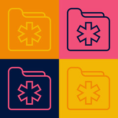 Fototapeta premium Pop art line Medical health record folder for healthcare icon isolated on color background. Patient file icon. Medical history symbol. Vector