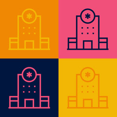 Pop art line Medical hospital building with cross icon isolated on color background. Medical center. Health care. Vector