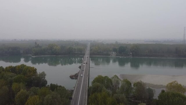 aerial view of the Viadana Boretto bridge over the po river, italy