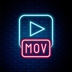 Glowing neon line MOV file document. Download mov button icon isolated on brick wall background. MOV file symbol. Audio and video collection. Colorful outline concept. Vector