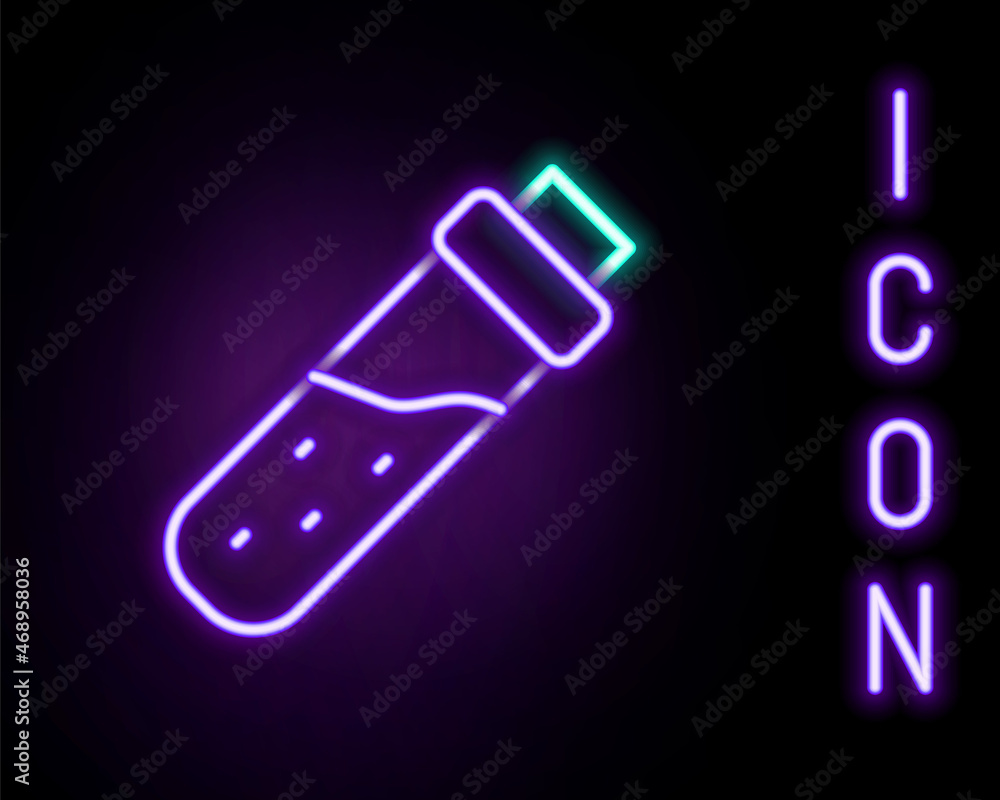 Poster glowing neon line bottle with potion icon isolated on black background. flask with magic potion. hap