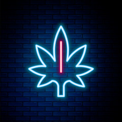 Glowing neon line Medical marijuana or cannabis leaf icon isolated on brick wall background. Hemp symbol. Colorful outline concept. Vector