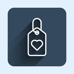 White line Heart tag icon isolated with long shadow background. Love symbol. Valentine day symbol. Blue square button. Vector