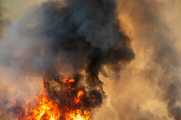 raging dust smoke pattern background of fire burn in grass fields, forests and black