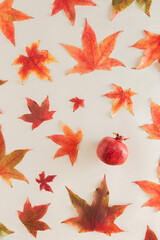 Autumn foliage texture with colorful yellow orange red green leaves and pomegranate isolated on pastel beige background. Fall nature pattern. Minimal flat lay. Natural healthy food note card concept.