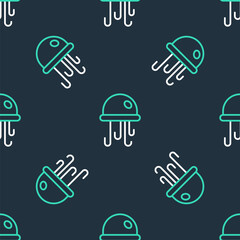 Line Jellyfish icon isolated seamless pattern on black background. Vector