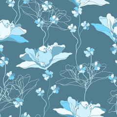 Monochrome seamless blue floral pattern with large flowers. Vector illustration of a flower garden in cool colors for fabric.