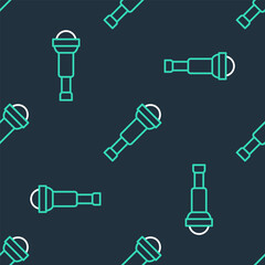Line Spyglass telescope lens icon isolated seamless pattern on black background. Sailor spyglass. Vector