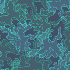 Fototapeta na wymiar Turquoise abstraction stains seamless pattern from waves and curves. Vector underwater background