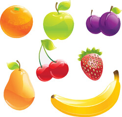 mix of fruits and berries: orange, apple, plum, cherry, strawberry, pear, banana