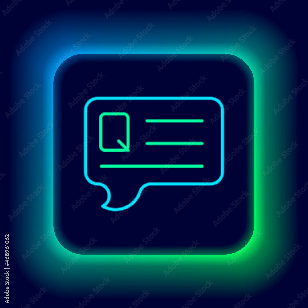 Poster glowing neon line speech bubbles with question icon isolated on black background. faq sign. chat spe