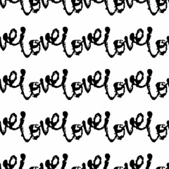 Love Vector Brush Heart Seamless Pattern Word Love Grange Minimalist Design in Black Color. Modern Grung Collage Background for kids fabric and textile