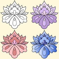 A set of decorative flowers with different colors. Vector illustration