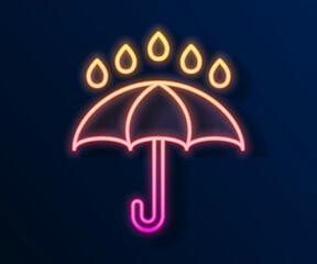 Glowing neon line Umbrella and rain drops icon isolated on black background. Waterproof icon. Protection, safety, security concept. Water resistant symbol. Vector