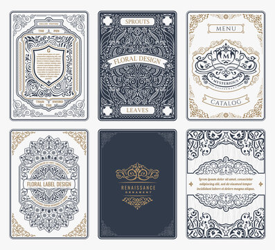 Vintage set retro cards. Template greeting card wedding invitation. Line calligraphic frames