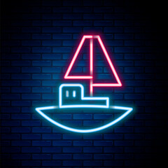 Glowing neon line Toy boat icon isolated on brick wall background. Colorful outline concept. Vector