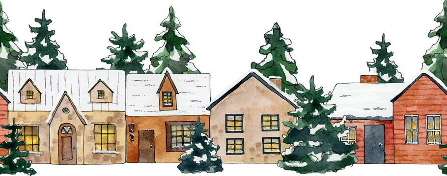 winter frame clipart, watercolor house clip art, christmas village town digital border, forest landscape background