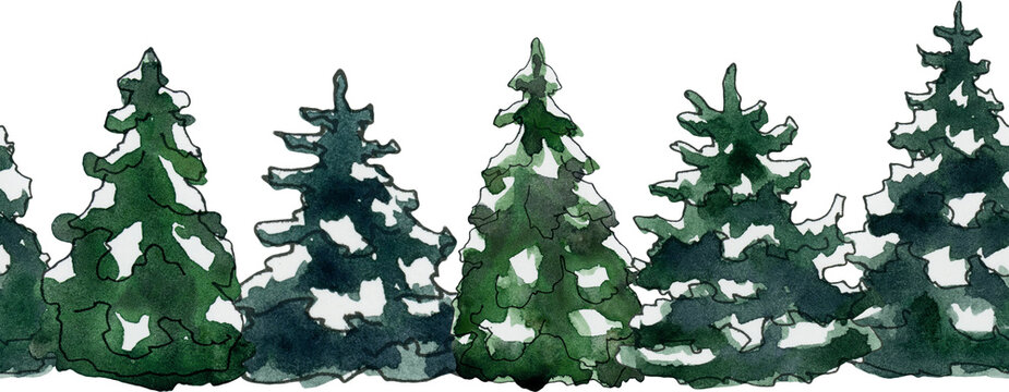 winter frame clipart, watercolor forest clip art, woodland tree digital border, forest landscape background