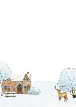winter frame clipart, watercolor house clip art, christmas village town digital border, forest landscape background, woodland animals