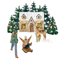 watercolor christmas in house, winter landscape clipart, , woodland animals printable clip art, forest sublimation design, cabin, happy couple, black girl and boy sledding