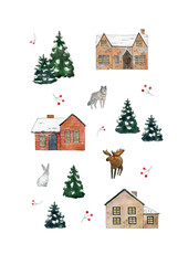 winter town landscape clipart, watercolor christmas house, woodland animals moose, wolf, white hare printable clip art, forest sublimation design, cabin