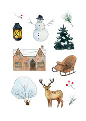 winter forest woodland animal deer clipart, watercolor house cabin clip art, snowy landscape scene creator, fir tree, snowman, berry, flashlight