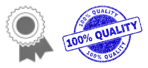 Award seal halftone dotted icon with 100% Quality seal stamp. Blue vector round scratched stamp with 100% Quality text inside round form. Halftone award seal icon pattern contains round pixels.