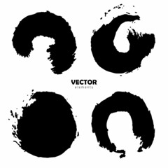 Grunge Vector Set of brush Circle Round Black color on white background. Hand painted grange elements. Ink drawing. Dirty artistic design