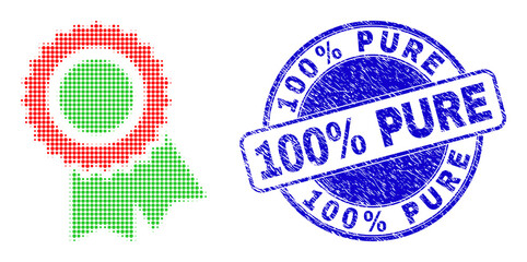 Award seal halftone dotted icon with 100% Pure seal. Blue vector round scratched seal stamp with 100% Pure phrase inside round shape. Halftone award seal icon array contains round elements.