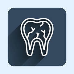 White line Broken tooth icon isolated with long shadow background. Dental problem icon. Dental care symbol. Blue square button. Vector