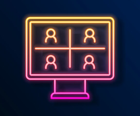 Glowing neon line Video chat conference icon isolated on black background. Online meeting work form home. Remote project management. Vector