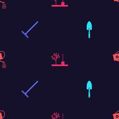 Obraz premium Set Garden trowel spade or shovel, rake, Planting tree in the ground and Watering can on seamless pattern. Vector