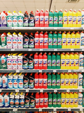 Podgorica, Montenegro - 02 july 2020: Bottles with chlorine - Domestos, on the shelves in the store.