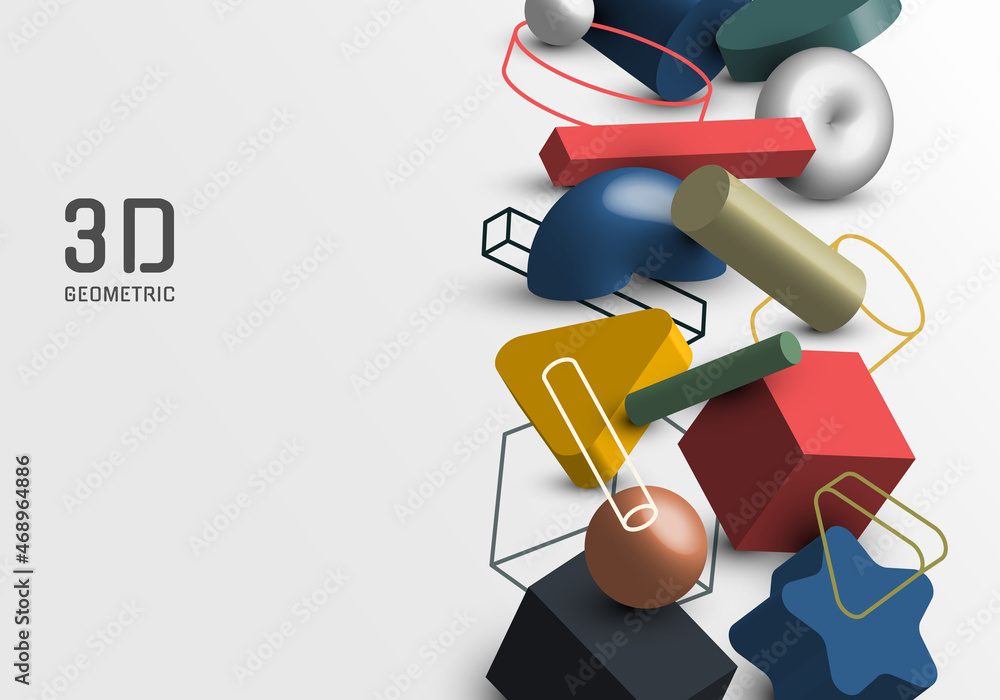 Poster set of abstract 3d geometric elements with shadow and outlines graphic background
